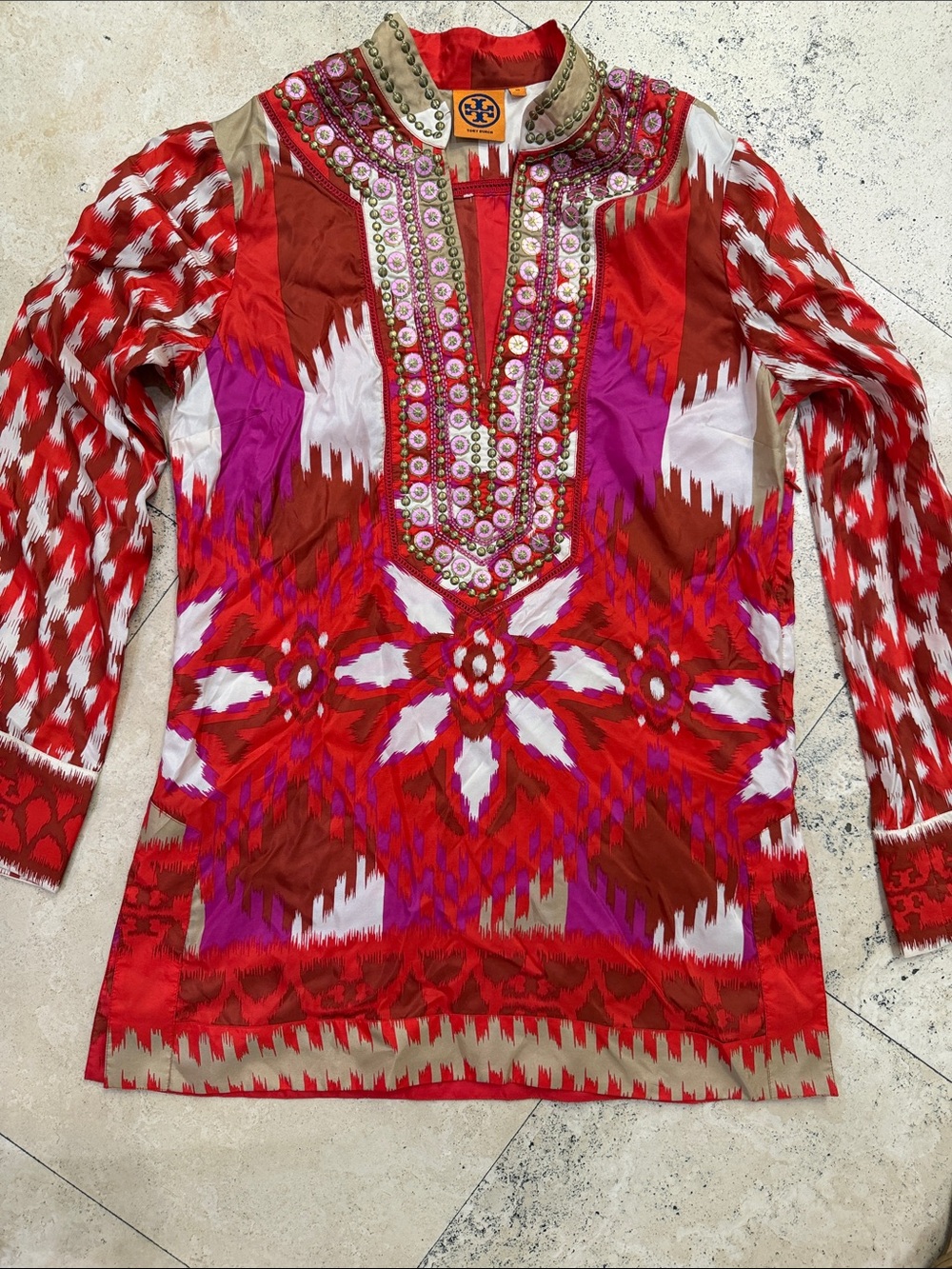 Tory Burch Red Ikat Embellished Tunic Top